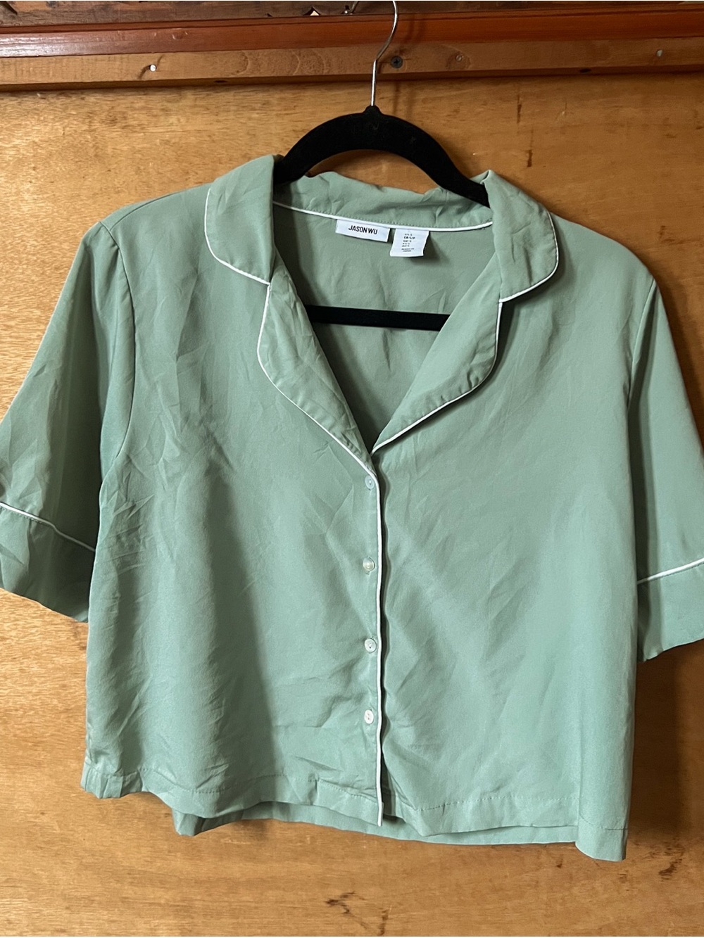 Jason Wu Light Green Short-Sleeve Button-Down Top with White Piping